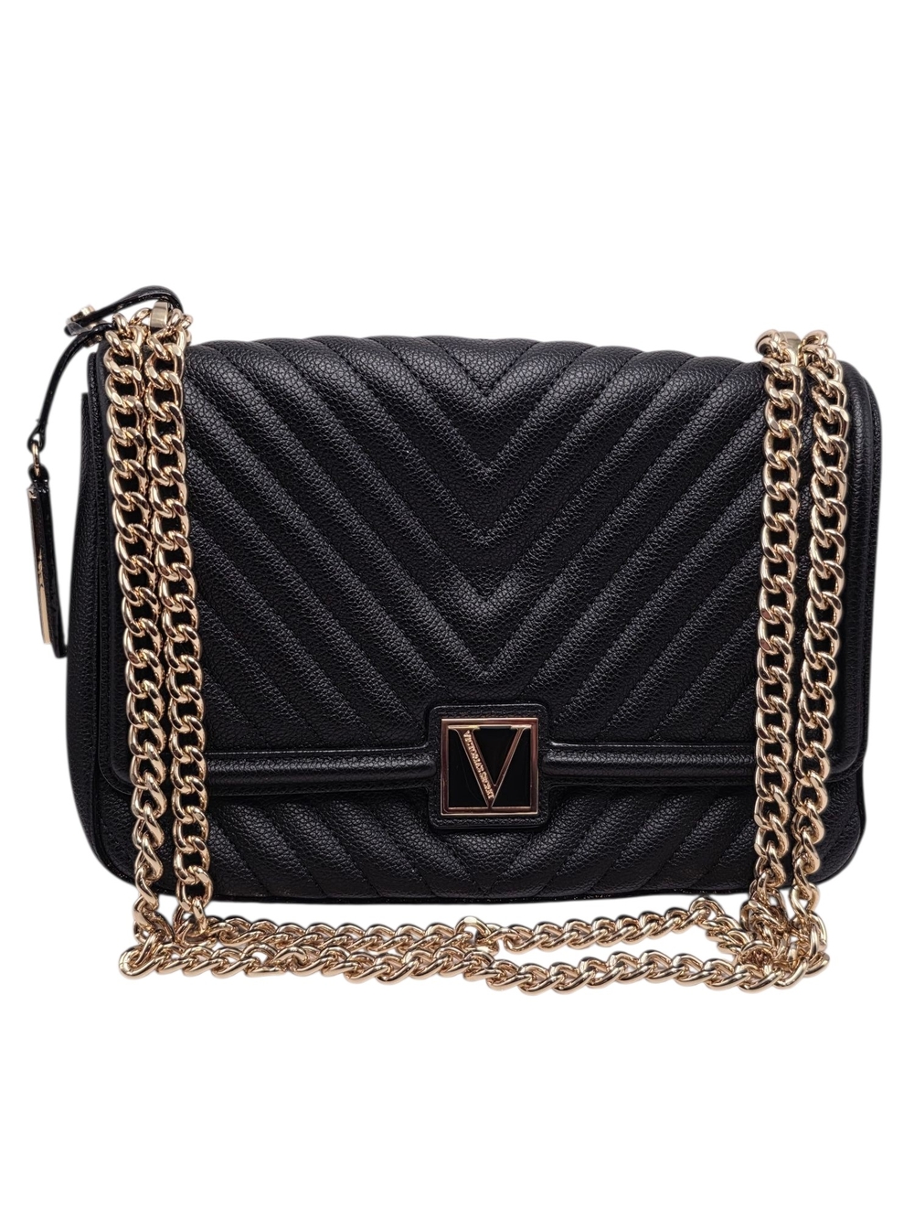 Victoria's Secret Black Quilted Shoulder Bag with Gold Chain Strap and Logo